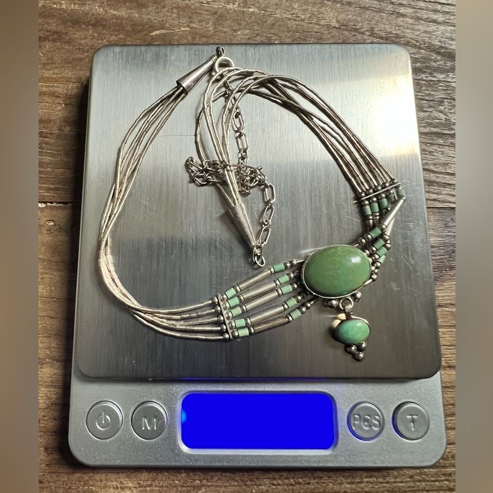 Sterling Liquid Silver Heshi Green Turquoise 5 Strand Necklace in box - Picture 10 of 11